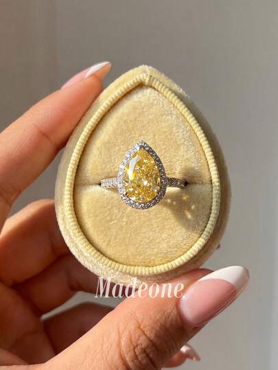 Stylever 1pc 925 Sterling Silver Yellow Teardrop Cubic Zirconia Ring, Suitable For Women's Daily Wear And Party Accessories, High-Quality Ladies Ring, Exquisite Jewelry Gift