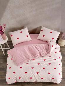 Cotton Blend Duvet Cover Set – Heart Pattern Bedding Set, Soft & Breathable With Red Hearts – Made In Turkey - Pink - View 4