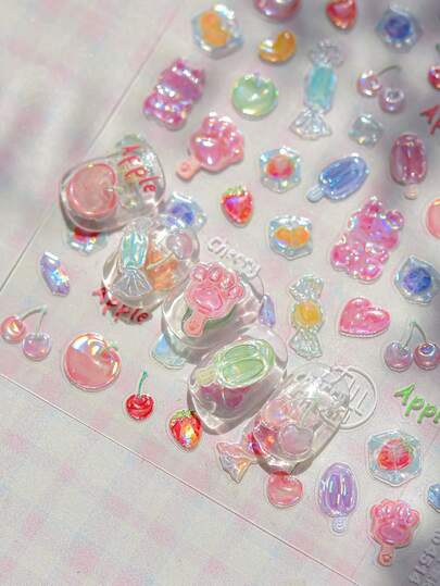 สติกเกอร์ติดเล็บเลเซอร์เงาหลากสี, สติกเกอร์ติดเล็บรูปการ์ตูนลูกกวาดแบบมีกาวในตัว, ยาทาเล็บเจลลี่ 3 มิติ, เหมาะสำหรับตกแต่งเล็บในร้านทำเล็บ สติกเกอร์ติดเล็บ