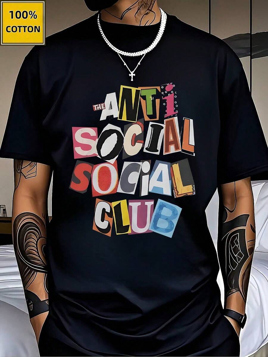 Anti Social Club Printed TShirts Casual Sport ShortSleeved Tee And 100% Cotton Spring And Summer Graphic T Shirts Fashion Men'S Top A Great Valentine's Day Gift Valentine Outfits For Men Mardi Gras Gift - 黑色 - 查看 1