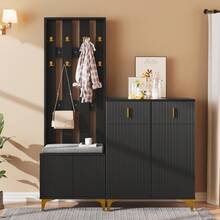 Wardrobe Set With Shoe Stool And Cushions. Front Coat Rack With Hooks. Shoe Cabinet With Drawers And Doors, Black And White. - Black - View 11