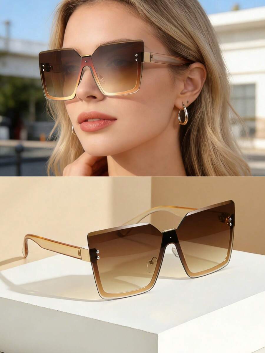 1pc Metal Diamond-Edged Fashion Decorative Glasses, Suitable For Daily Wear And Festivals, European And American Style Metal Half-Frame Glasses, Fashionable Minimalist Frameless Rimless Integrated Glasses For Men And Women, Personalized Street Style Runway Fashion Glasses, St. Patrick's Day - Champagne - View 1