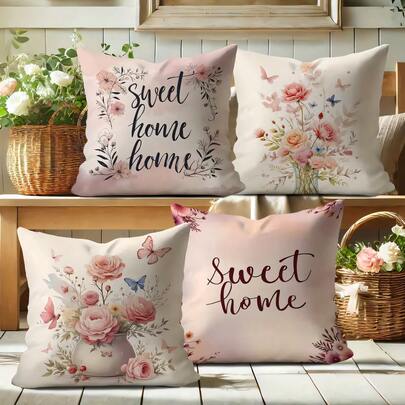 4 件装花卉蝴蝶单面印花抱枕套，柔软舒适的涤纶抱枕套，45x45厘米（17.72x17.72英寸），带拉链，可机洗，适用于家居装饰、客厅、卧室、门廊、花园、酒店、咖啡馆、户外等场所（仅含抱枕套，不含枕芯）