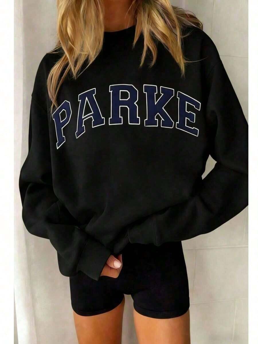 Autumn/Fall And Winter Bestseller 1 Pcs2026 Unisex Casual "PARKE" Letter Print Loose Pullover Sweatshirt, Encountering Lazy Fashion.Casual Daily Wear,Winter Clothes For Women,Clothes,Hoodie,Tops,Spring Break,Long Sleeve Tops Women - 黑色 - 查看 1