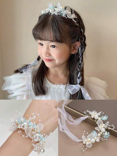 1pc Girls' Vacation Pearl Flower Headband, Wedding Flower Girl Blue Floral Wreath Wristband Decor