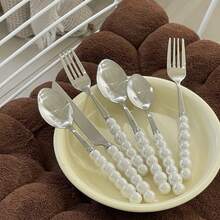 2/4/12/24pcs Set Exquisite Pearl-Shaped Stainless Steel Silverware Set, Includes Ceramic Handle Dinner Knife, Dessert Spoon, Fork And Soup Spoon - Unique Elegant Kitchen Tools And Accessories, Suitable For Restaurant And Home Daily Dining - Gold - View 3