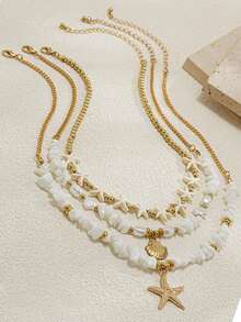 1 Set de 3 o 4 piezas de collar con colgante de aleación de zinc con conchas y estrellas de mar con perlas ABS falsas, regalo de vacaciones de verano y uso diario - Amarillo Oro - Ver 6