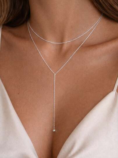 FOREVER QUEEN 925纯银双层Y型项链，优雅性感，细链锁骨项链，女士珠宝礼品，派对配饰