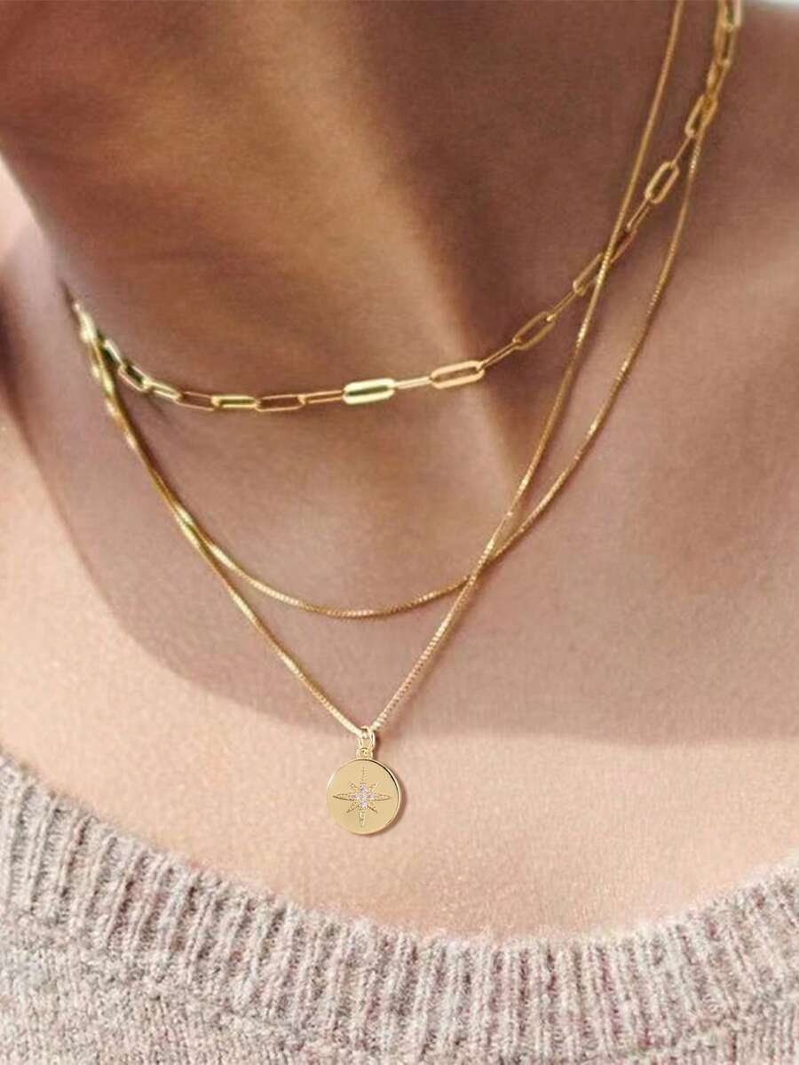 3pcs Cute & Unique Paper Clip Design Necklace With Shiny Round Pendant Inlaid Star Pattern, Women Jewelry Accessories - Yellow Gold - View 1