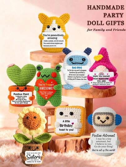 1件手工钩编桌面摆件，可爱蜜蜂、狮子、驴、猪、青蛙卡通动物造型，送给闺蜜、生日礼物、姐妹、妈妈、奶奶、同事、家人，传递正能量，创意派对小礼物，房间装饰，毛绒玩具，纪念品