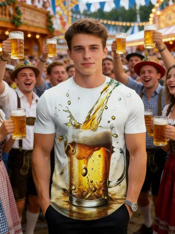 户外休闲短袖男士啤酒印花圆领 T 恤