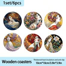 6pcs Retro Gold Foil Beauty Element Pattern Heat Insulation Wooden Coasters, Suitable For Home, Office And Party Drink Coasters, , Perfect Holiday Gift - Wooden Board-coaster - View 6