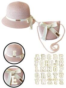 2件套白色26字母装饰女童草帽和草编包套装，包括编织宽檐遮阳帽、草编单肩包、草编斜挎包和草编零钱包，清新甜美风格，适合春夏假期。 - 彩色 - 查看 66