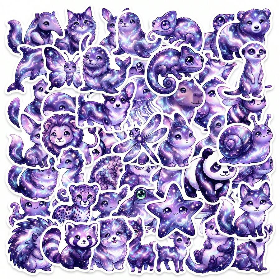 50Pcs Purple Starry Sky Animal Decals - Magical Purple Creature Designs With Starry Skies, Waterproof Stickers For Scrapbooking, & DIY Crafts - 50Pcs - View 1