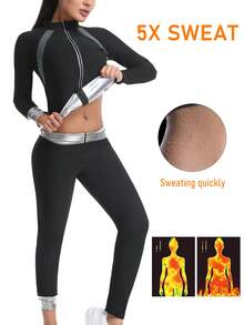 女士桑拿汗蒸服 - 长袖拉链夹克和裤子，增强瑜伽排汗效果 - 黑色 - 查看 3