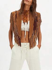 elfnokto Women's Western Cowgirl Style Solid Color Fringe Patchwork Poncho Jacket Vacation Brown Fall - Brown - View 4