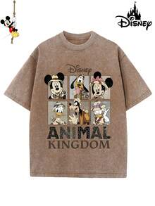 1 New Disney Cotton Washed T-Shirt, Disney ANIMAL KINGDOM Animal Character Jigsaw Print, Round Neck Leisure And Comfortable Cotton Washed T-Shirt, Suitable For Sports And Daily Wear, A Good Choice For Gifts, A Must For Parties, High-Quality Clothing, Suitable For Gifts. - 卡其色 - 查看 1