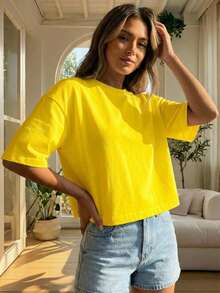 Blusa de mujer de corte holgado, cuello redondo, manga corta, casual, adecuada para primavera y verano, con estilo minimalista, elegante y sexy Y2K, apta para uso diario, oficina, hogar y exteriores, color negro - Amarillo - Ver 5