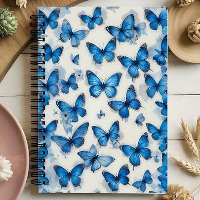 DANPERJI 1 Blue Butterfly Spiral Notebook Textured Paper, University Standard Size, Bright Blue Butterfly Design On White Background, Perfect For Offices, Schools, Gifts For Women, Teachers, Students, Art Cover Design, Spiral Binding