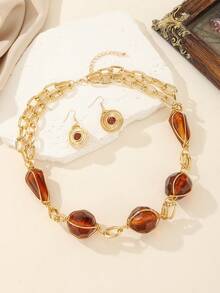 1 Set Handmade Exaggerated Artificial Stone Necklace And Earrings Jewelry Set, Suitable For Women To Wear On Beach Vacation, Parties, And Gatherings - Multicolor - View 3