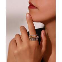 Anillos apilables entrelazados de oro de 18K para mujer, juego de anillos apilables de oro y plata, apilados de metales mixtos, de dos tonos conectados, joyas de anillos de dedo con declaración entrelazada - 5 capas de diamantes de imitación dorados y plateados - Ver 3