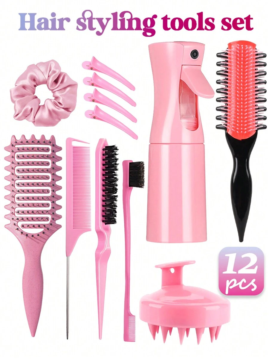 1/2/3/4/5/6/11/12pcs Hair Styling Set: Brand New 9-Row Comb, Detachable Curling Comb With Side Teeth, Upgraded Styling Comb, 200ml Spray Bottle With Excellent Sealing And Anti-Leakage Design, Edge Comb, Detangling Comb, Tail Comb Hair Tool Kit - Multicolor - View 1