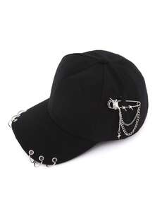 朋克风金属链条别针棒球帽，街头酷炫黑色后扣帽 - 黑色 - 查看 5