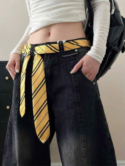 1pc Yellow Striped Handmade Necktie, Women's Fashion Headband, JK Uniform Tie, Striped Long Skinny Design, Suitable For Casual, Weekend Outing, Date, Campus, Street Photography And Other Occasions, Fashionable Multifunctional Accessory, Also Can Be Used As Valentine's Day Decoration And Gift