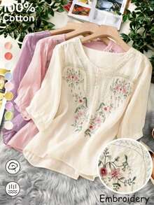 Plus Size Women Summer Vintage Casual Vacation Heavily Embroidered Floral Blouse - Apricot - View 4