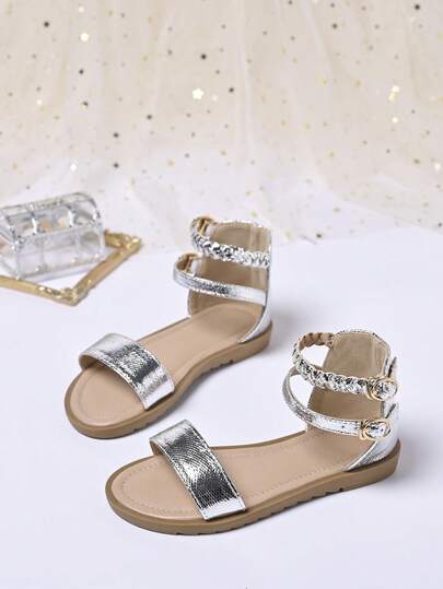 1 Đôi sandal đế bằng kiểu La Mã mới, quai ngang bằng da PU, quai dệt, đa năng cho mùa hè, sân khấu, đám cưới, lễ hội và mặc hàng ngày cho bé gái