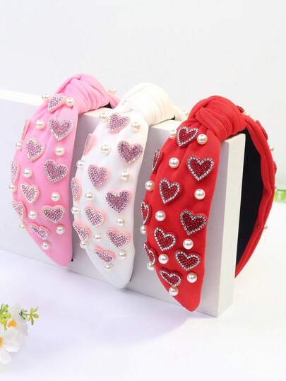1pc Women's Valentine's Day Crystal Heart & Faux Pearl Cute Knot Headband, Polyester, Party Favor Gift Head Accessories Summer Hair Accessories Beach Claw Clips Vacay Hair Clips