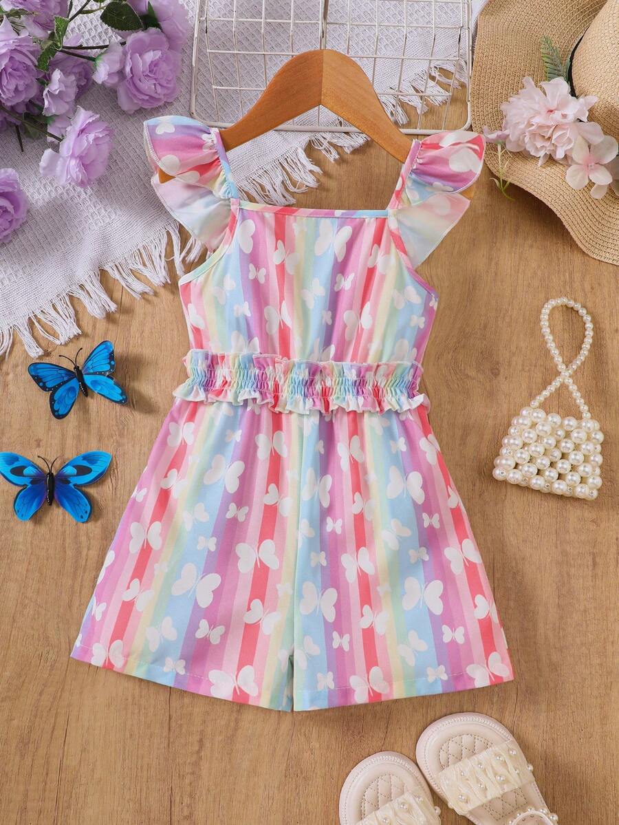 Young Girls' Rainbow Butterfly Print Cap Sleeve Romper, Sweet Cinched Waist Short Jumpsuit, Spring/Summer - Multicolor - View 1