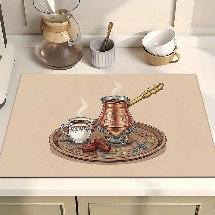 1pc Home Decor, Arabic Afternoon Tea Print Dish Drying Mat, Absorbent Pad For Espresso Machine, Sink Drain Mat, Soft Faucet Pad, Bathroom Cup Mat, Kitchen & Bathroom Accessories, Middle Eastern Style Decor, Arabic Festival Decoration - Multicolor - View 1
