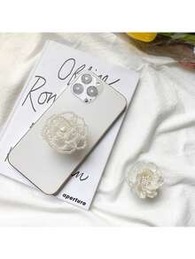 优雅简约3D白色珍珠玫瑰花手机支架，可扩展桌面支架 - 彩色 - 查看 3