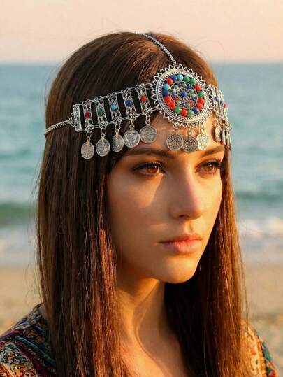 1pc Bohemian Style Coin Tassel Hair Jewelry, Women Beach Holiday Wear Headchain