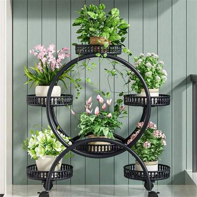 Tall Metal Plant Stand Wrought Iron Circular Planter Shelf Mobile Flower Rk UK