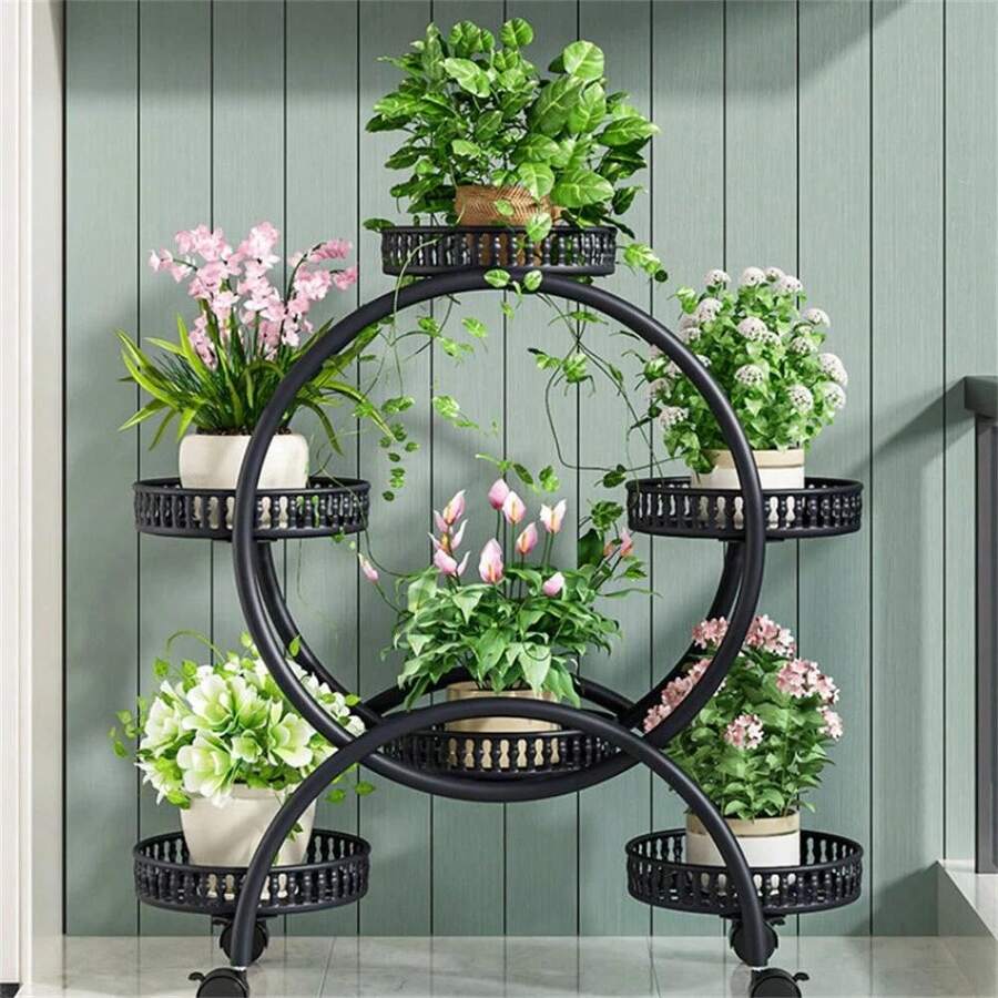 Tall Metal Plant Stand Wrought Iron Circular Planter Shelf Mobile Flower Rk UK - Multicolor - View 1