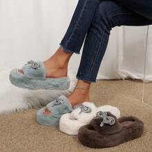 Women's Elegant Rhinestone Bow Slippers Cozy Fur Slides For Indoor And Relaxation Wear - Màu xanh lam - Xem 2