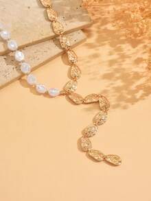 1pc Fashion Asymmetrical Faux Pearl Hammered Disc Choker Necklace, Y-Shaped Minimalist Necklace Jewelry, Suitable For Daily Wear, Music Festivals And Photo Shoots - Multicolor - View 3