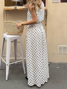 女士休闲度假轻薄仿亚麻黑白波点无袖露脐上衣和开衩长裙两件套，简约时尚，适合约会和日常穿着 - 白色 - 查看 6