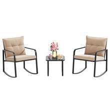 3 Piece Rocking Bistro Set, Black Steel Patio Furniture, Porch Chairs Conversation Set With Glass Coffee Table, Back Cushion, For Balcony, Garden, Deck, Backyard, Beige - 米色 - 查看 3