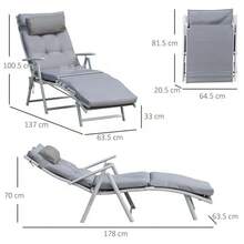 Sun Lounger, Beach Chair, Garden Lounger, Foldable, Adjustable With Cushion, Metal And Fabric Frame, Grey, 137 X 63.5 X 100.5 Cm - Grey - View 3