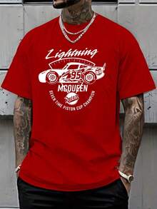 Disney Car Lightning McQueen Men's Pattern T-Shirt-White Summer Short-Sleeved T-Shirt, Red Racing Design, Breathable Round Neck Adult Loose Casual Shirt, Fan Products, Playful Design, Machine Washable. - Đỏ - Xem 1