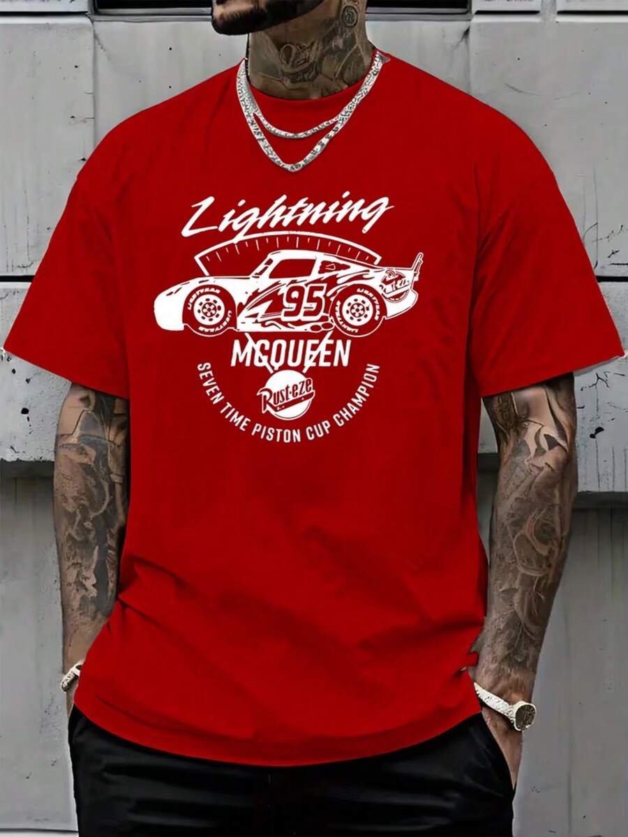 Disney Car Lightning McQueen Men's Pattern T-Shirt-White Summer Short-Sleeved T-Shirt, Red Racing Design, Breathable Round Neck Adult Loose Casual Shirt, Fan Products, Playful Design, Machine Washable. - Đỏ - Xem 1
