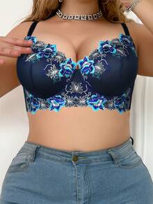 mimilemon Plus Size Women Navy Blue Floral Embroidery Supportive Bra - Comfortable Loose Hem Support - Blue - View 8