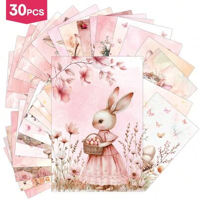 30张粉色系列复活节主题明信片套装，复活节兔子和彩蛋图案，家居卧室墙面装饰，节日装饰卡片，适用于剪贴簿、手账和手工制作，复活节礼物