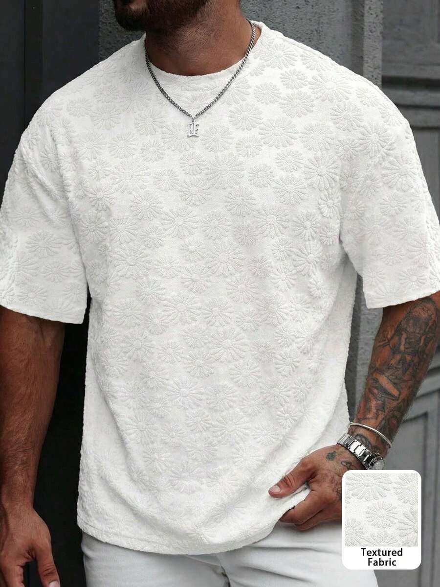 Áo thun nam màu trắng họa tiết hoa hướng dương, thích hợp mặc đi làm hoặc hoạt động ngoài trời. - trắng - Xem 1