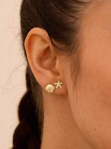 1 par de pendientes de botón con diseño de vida marina bohemio de aleación de zinc con estrella de mar, concha y caballito de mar, regalo de playa y verano, para uso diario - Plateado - Ver 5