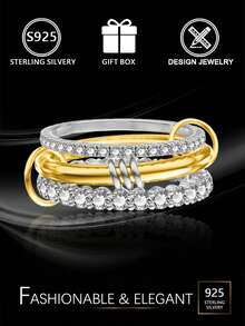 Juego de anillos apilables de plata de ley de dos tonos 925, anillos de plata con incrustaciones de circonita cúbica multicapa, minimalista y versátil para uso diario/caja de regalo - Plateado - Ver 1