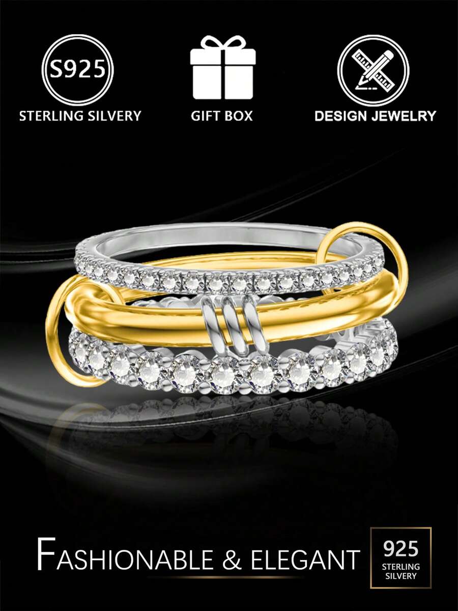 Juego de anillos apilables de plata de ley de dos tonos 925, anillos de plata con incrustaciones de circonita cúbica multicapa, minimalista y versátil para uso diario/caja de regalo - Plateado - Ver 1